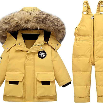 LSHDCER Baby Kleinkind Schneeanzug Jungen Mädchen Winteranzug Skianzug Daunenjacke mit Fellkapuze & Daunenhose Bekleidungsset 2tlg Outfit