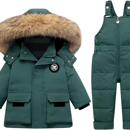 LSHDCER Baby Kleinkind Schneeanzug Jungen Mädchen Winteranzug Skianzug Daunenjacke mit Fellkapuze & Daunenhose Bekleidungsset 2tlg Outfit