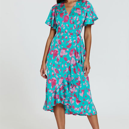 Turquoise & Hot Pink Print Angel Sleeve Wrap Midi Dress