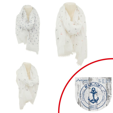 Sommer Damen Schal » Maritimes Design » leichter Sommerschal 180 x 70 cm » Halstuch weiß mit Ankern » Damenschal weich & dünn