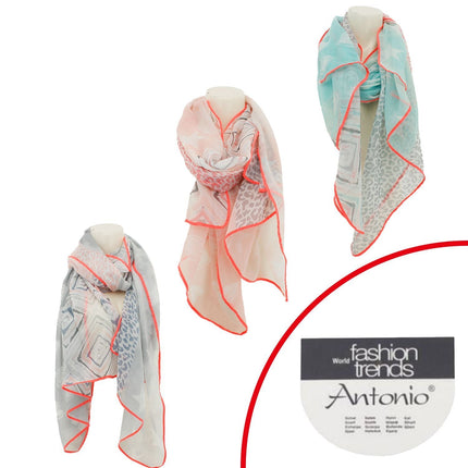 Sommer Damen Schal » Bunt mit Neon Rand » leichter Sommerschal 180 x 70 cm » Halstuch mit verschiedenen Mustern » Damenschal weich & dünn
