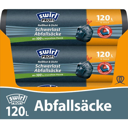Swirl Schwerlast-Säcke Profi mit Zugband 120 l Reißfest & Dicht | Rolle (12 Beutel)