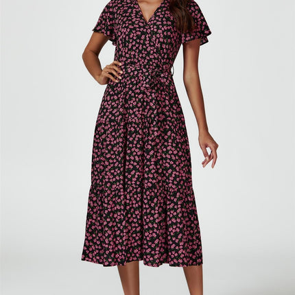 Pink Floral Print Wrap Midi Dress In Black