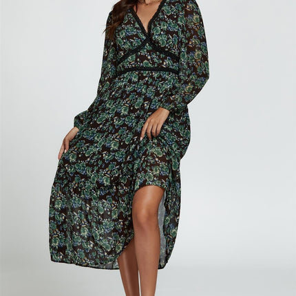 Floral Print Long Sleeve Midi Dress In Brown