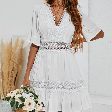 V Neck Lace Mini Dress In Ivory White