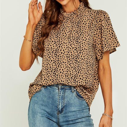 Little Heart Print Angle Sleeve High Neck Top/Blouse In Beige