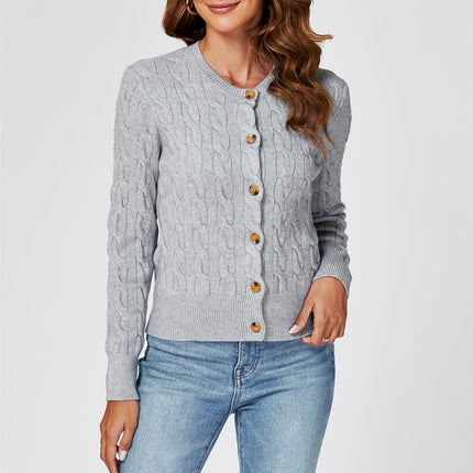 Cable-Knit Crewneck Cardigan In Grey
