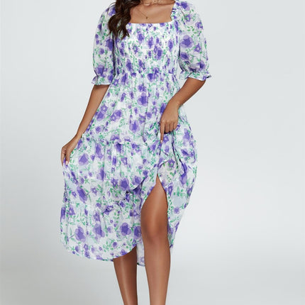 Floral Print Bardot Puff Sleeve Elasticated Detail Midi Dress In White