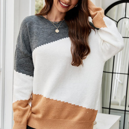Grey & Camel Block Colour Jumper Top In Beige