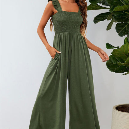 Frill Detail Strappy Jumpsuit In Olive