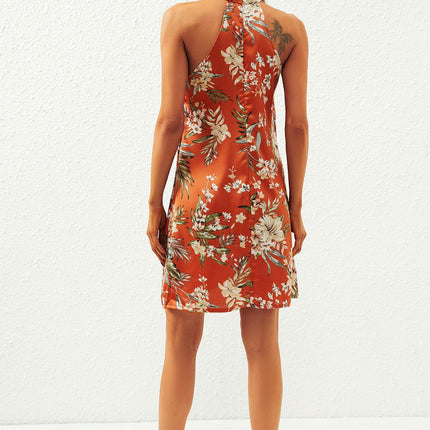 Satin Floral Print Halter Neck Mini Dress In Orange