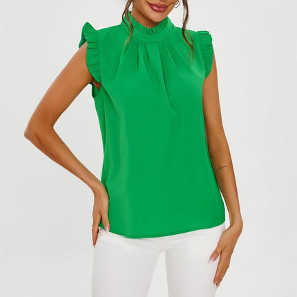 Frill Trim Sleeve High Neck Blouse Top In Light Green