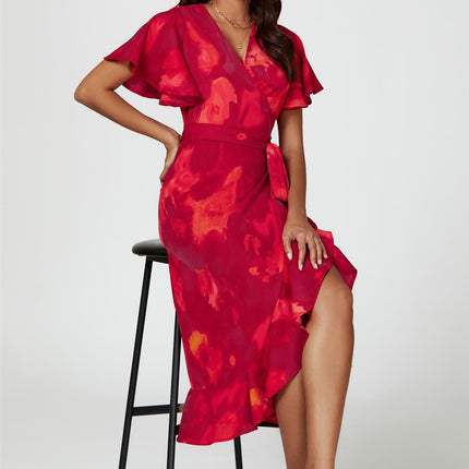 Abstract Print Angel Sleeve Wrap Midi Dress In Red