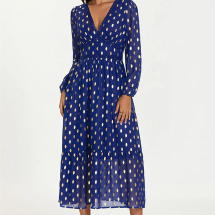 Lace Trim Foil Long Sleeve Maxi Dress In Royal Blue