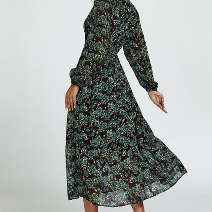 Floral Print Long Sleeve Midi Dress In Brown