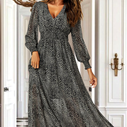 Leopard Print Long Sleeve Maxi Dress In Grey