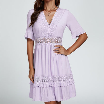 V Neck Lace Mini Dress In Purple