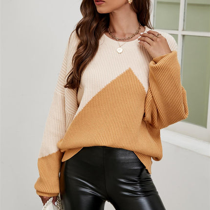 Block Colour Relaxed Knit Jumper Top In Beige & Camel