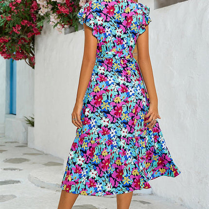 Multi Colour Floral Print Wrap Dress In Navy