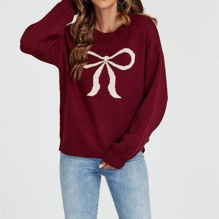 Bow Pattern Jumper Top In Wine