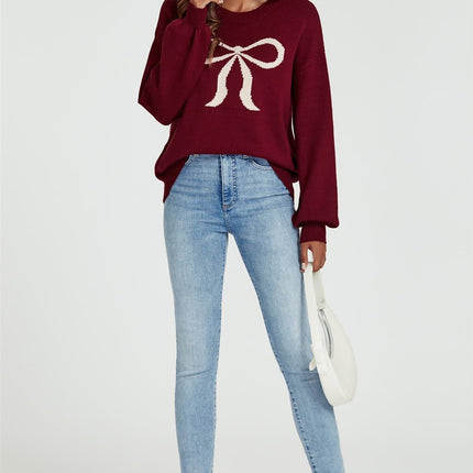Bow Pattern Jumper Top In Wine