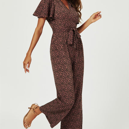 Leopard Print Wrap Top Jumpsuit In Rusty