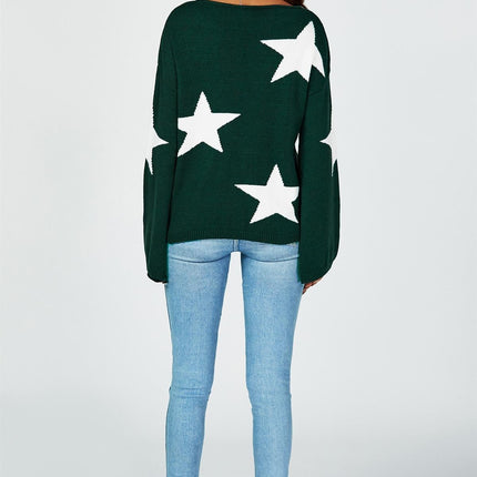 Wide Sleeve Oversize Dark Green Jumper With White Star