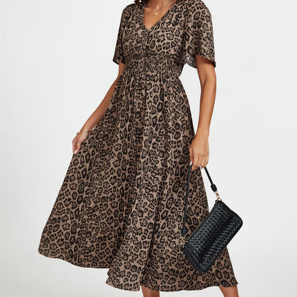 Leopard Print V Neck Midi Dress In Brown