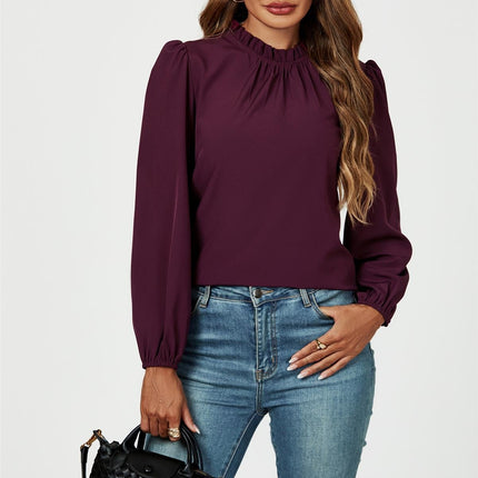 Frill Detail High Neck Top In Plum
