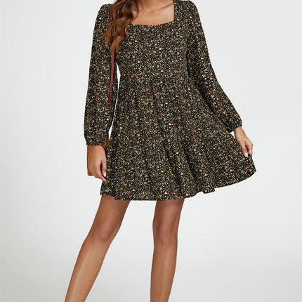 Little Floral Print Square Neck Mini Dress In Black