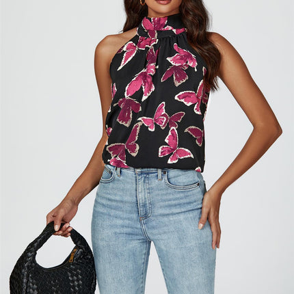 Butterfly Print Halter Neck Tie Back Top In Black