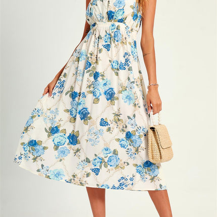 Pretty Flora Print Cross Back Midi Dress In White