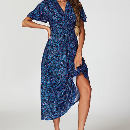 Animal Print Angel Sleeve Twist Midi Dress In Blue