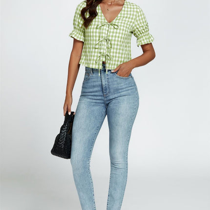 Check Print Tie Front Top In Green