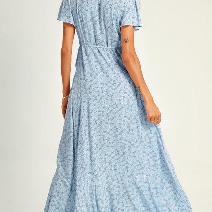 Summer Floral Print Hem Wrap Midi Dress In Blue