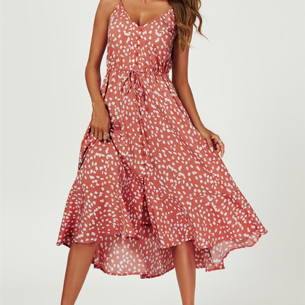 Button Down High Low Strappy Dress In Dusty Red