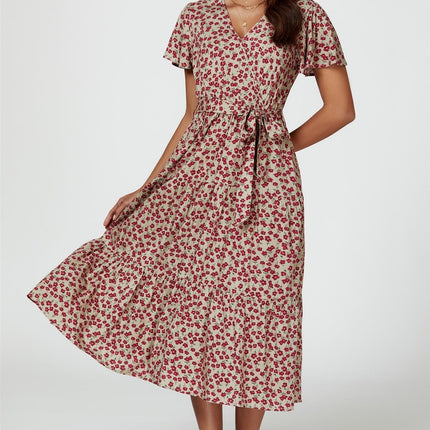 Pink Floral Print Wrap Midi Dress In Beige