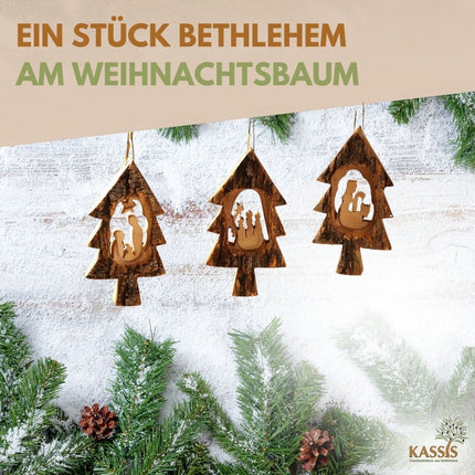 Krippen-Anhänger aus Olivenholz im Tannenbaum mit Rinde (3er Set) | Baumschmuck & Weihnachtsdeko für Advent und Weihnachten