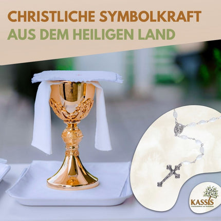 Rosenkranz mit ovalen Perlmuttperlen (55 cm) | Elegante Gebetskette mit Kreuz als Geschenk zur Taufe, Kommunion & Firmung