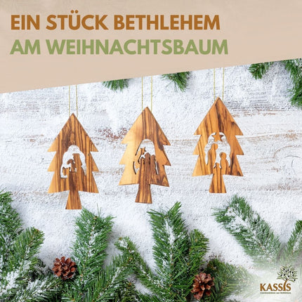 Olivenholz Krippen-Anhänger im Tannenbaum 3er Set (ohne Rinde) | Baumschmuck & Weihnachtsdeko für Advent und Weihnachten