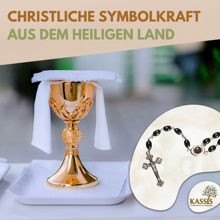 Rosenkranz mit ovalen Hämatitperlen (53 cm) | Gebetskette mit Metallkreuz, Geschenk zur Taufe, Kommunion & Firmung