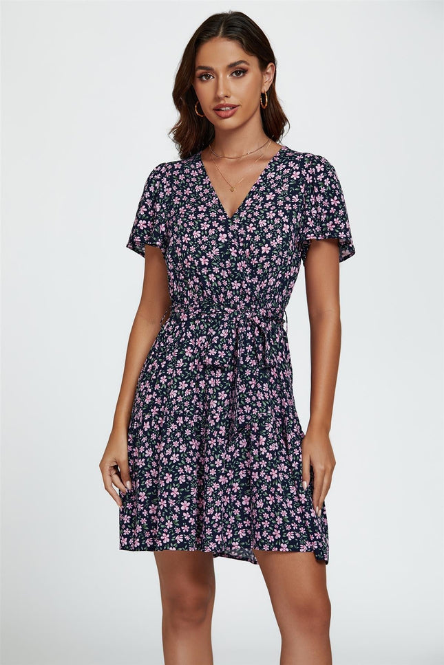 Floral Print Hem Tiered Wrap Mini Dress In Navy