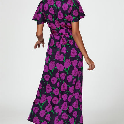 Floral Print Satin Wrap Maxi Dress In Magenta