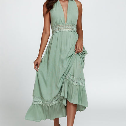Lace Detail Adjustable Deep V Neckline Maxi Dress In Green