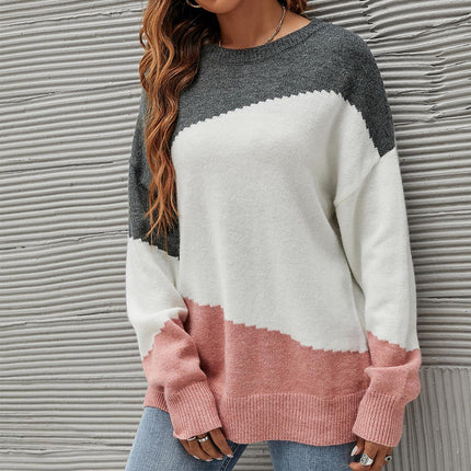 Grey & Pink Block Colour Jumper Top In White