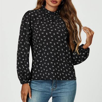 Bow Print Frill Detail High Neck Top In Black