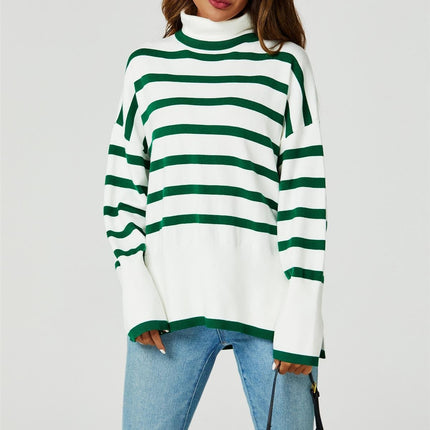 Stripes Pattern Turtleneck Jumper Top In Green