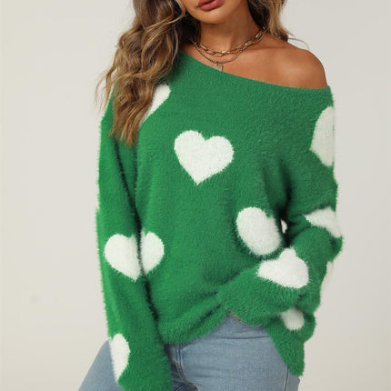 Relaxed Comfy White Heart Pattern Jumper Top In Green