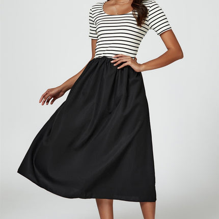 Short Sleeve Black Stripe Midi Dress In White