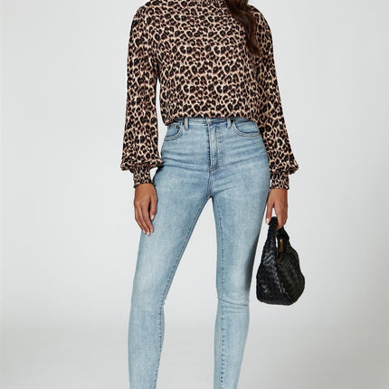 Leopard Print Long Sleeve High Neck Blouse In Brown